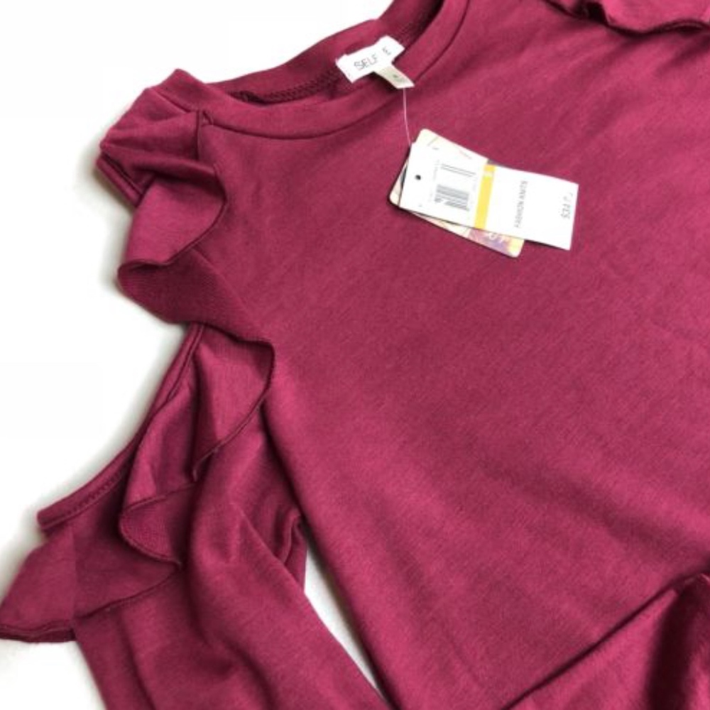 Self Esteem Burgundy Long Sleeve Cold Shoulder Top - Picture 3 of 4